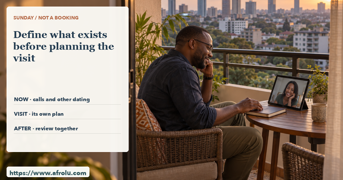 An adult on a Nairobi balcony closes an unbooked notebook during a Sunday tablet call with a softly visible adult partner.