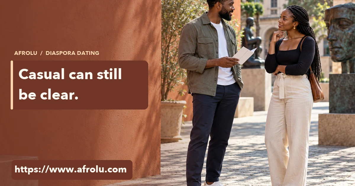 Two adults talk in an open art courtyard, giving one another room to answer.