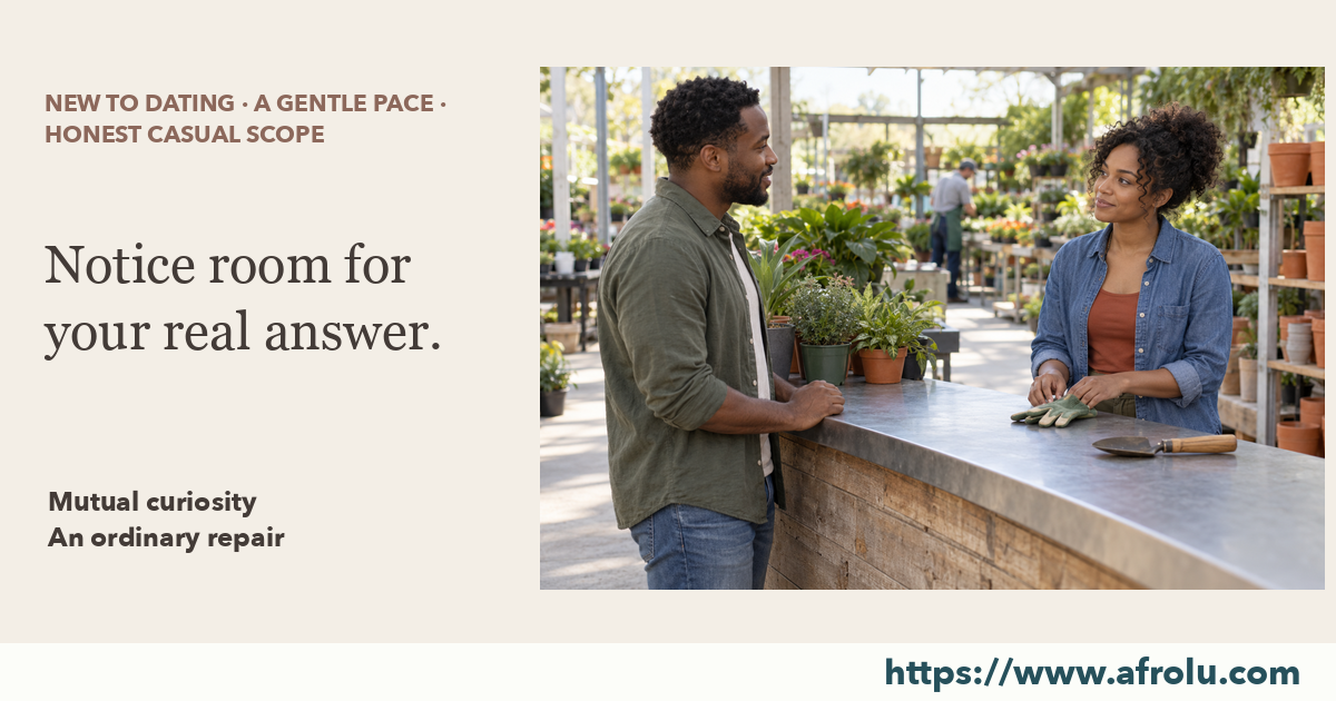 Two adults talk at a plant nursery counter beside gardening gloves and a hand trowel.
