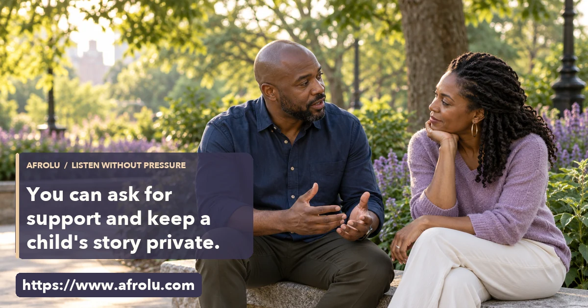 Two adults talk quietly on a public bench while one listens.