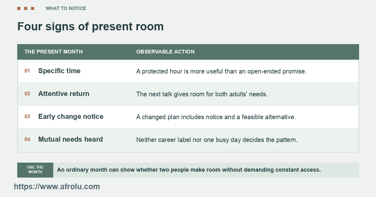 Specific time, attentive return, notice and mutual needs are distinct observations.