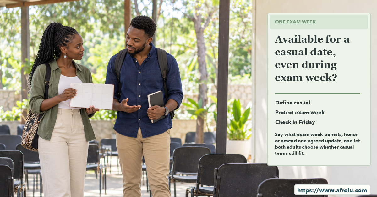 Two adult students outside an open-air seminar discuss a blank week page while each carries a personal notebook.