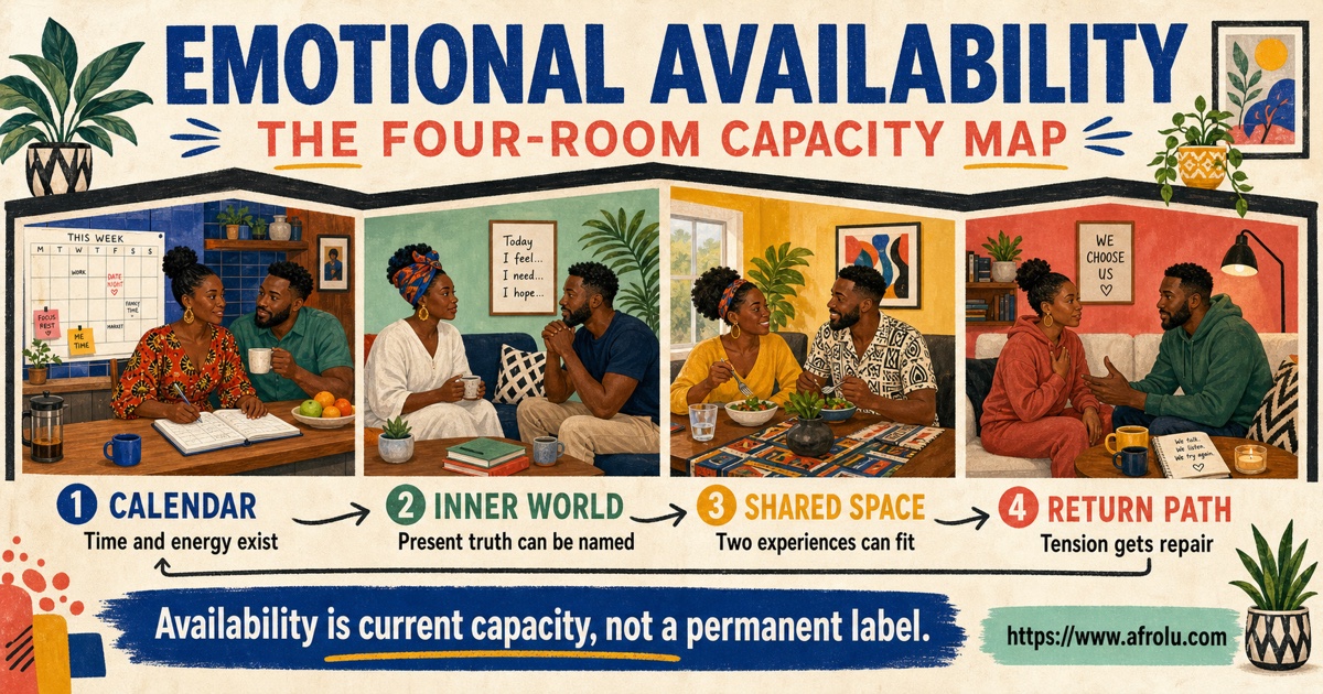 Illustrated emotional availability capacity map with calendar, inner world, shared space, and return path rooms