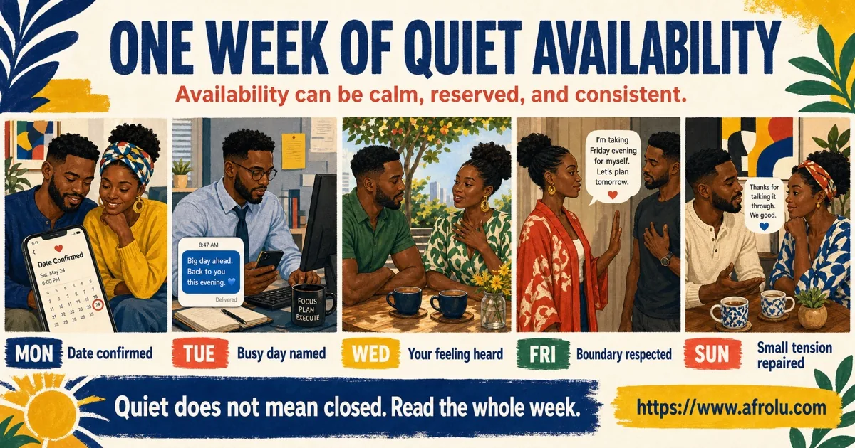 Illustrated one-week timeline showing a quiet dater confirming a date, naming a busy day, listening, respecting a boundary, and repairing tension