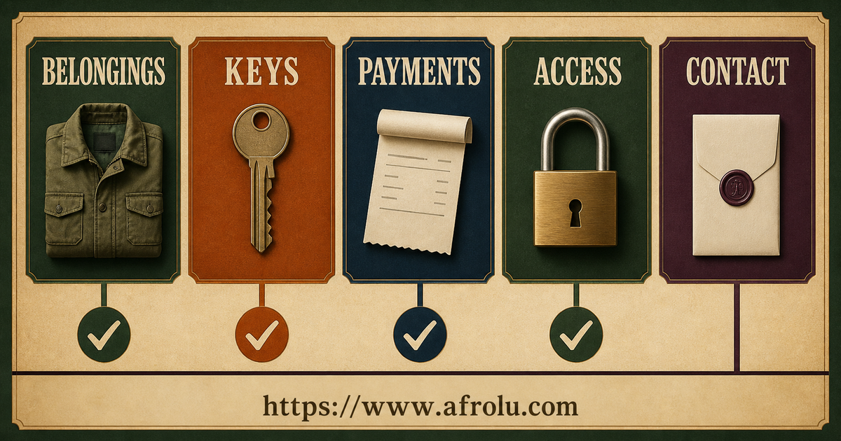 Post-ending loose-ends board for belongings, keys, payments, digital access and future contact
