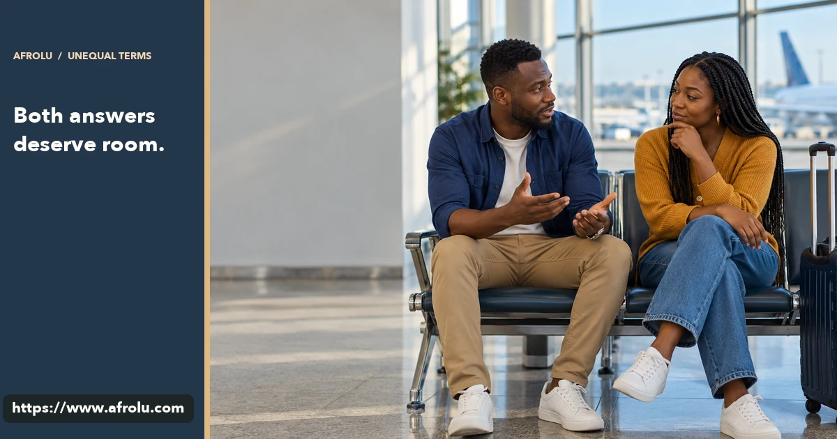 Two adult travelers discuss their choices while waiting at an airport.