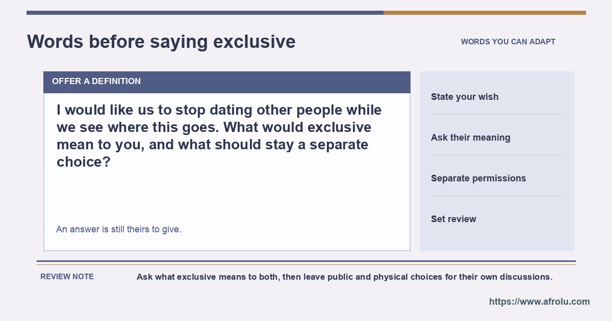 A plain conversation card displays the exact optional question about exclusive dating.