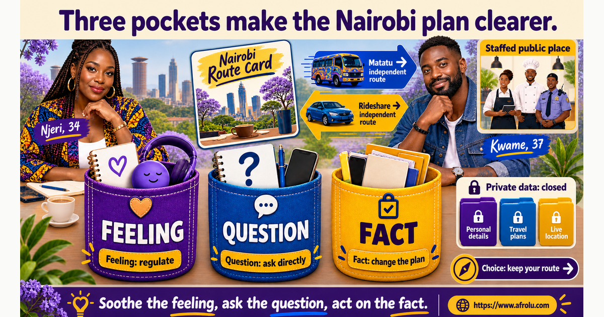 Fictional diaspora adults Njeri age 34 and Kwame age 37 sorting first-date uncertainty into feeling, question and fact before meeting in Nairobi