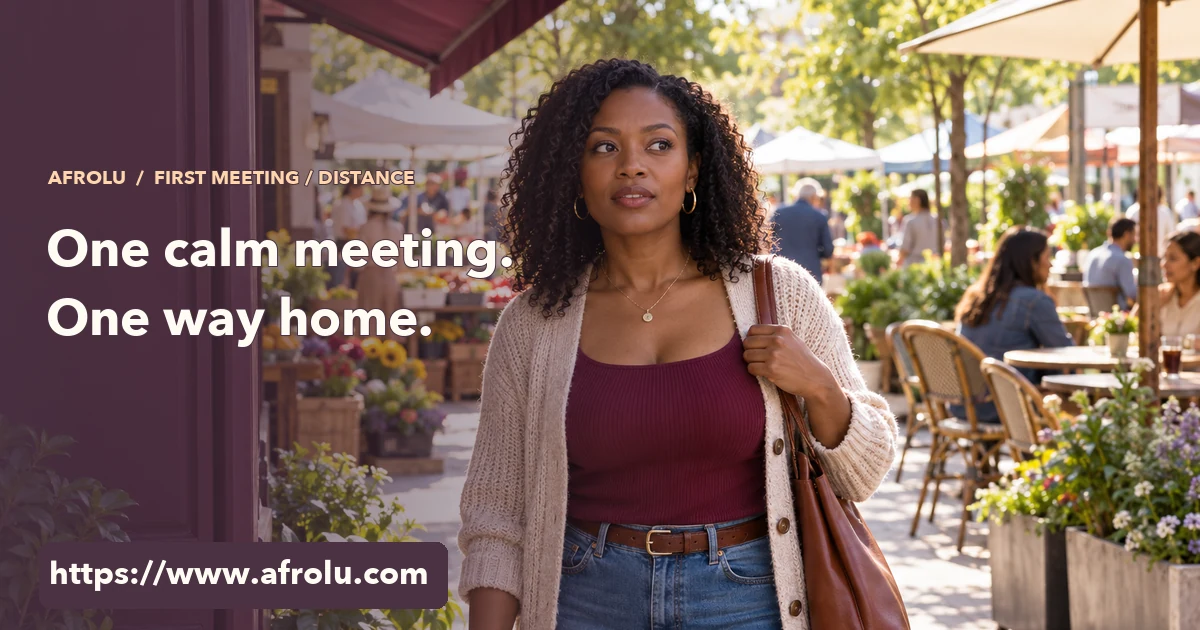 A diaspora adult arrives on her own at a sunny public market and checks the meeting place before a first date.