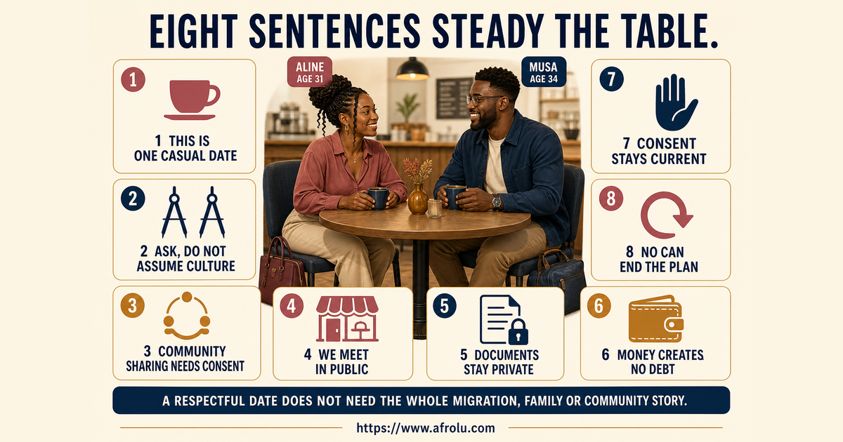 Eight large sentence cards for casual scope culture community privacy public place money consent and ending a diaspora first date