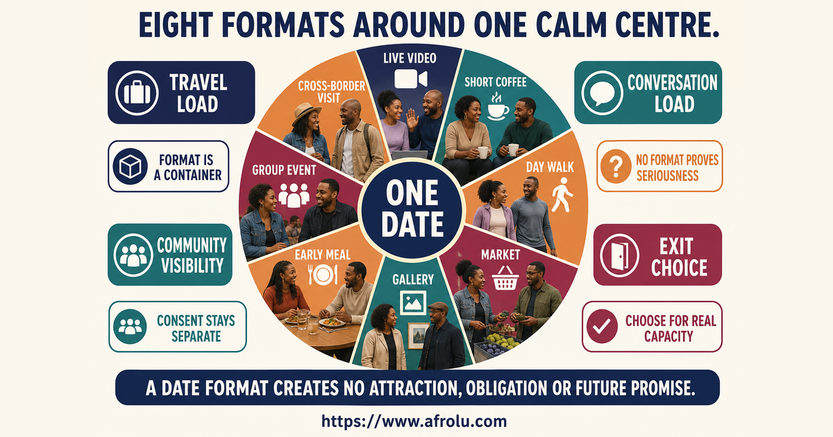 Eight-part wheel comparing low-pressure diaspora first-date formats by travel conversation visibility time and exit