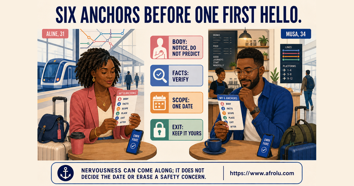 Fictional diaspora adults Aline age 31 and Musa age 34 using a six-anchor calm card before a casual first date