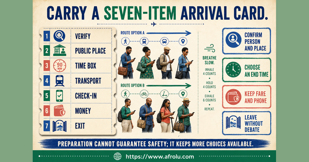 Seven-item arrival card for a low-pressure diaspora first date covering verify venue time transport check-in money and exit