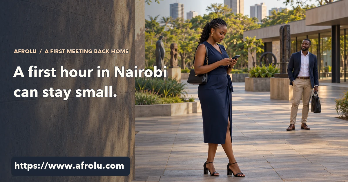 A returning Kenyan woman checks her own meeting time in a public Nairobi museum courtyard while another adult waits across the walkway.