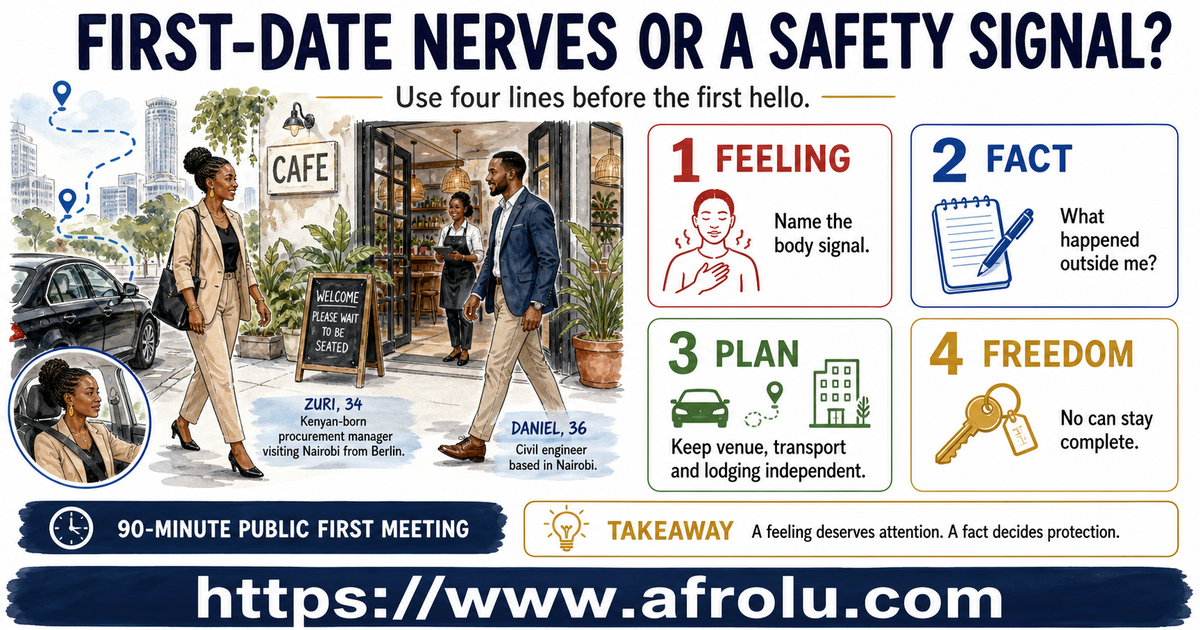 Zuri, 34, and Daniel, 36, arrive separately at a staffed Nairobi cafe while four panels distinguish feeling, fact, plan, and freedom before a first date.
