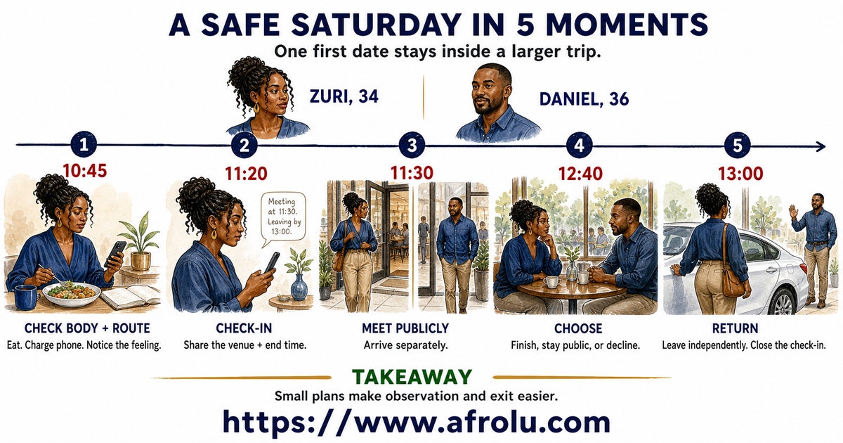 Five illustrated Saturday moments show Zuri, 34, checking her body and route, sharing a check-in, meeting Daniel, 36, publicly, choosing the end, and returning independently.