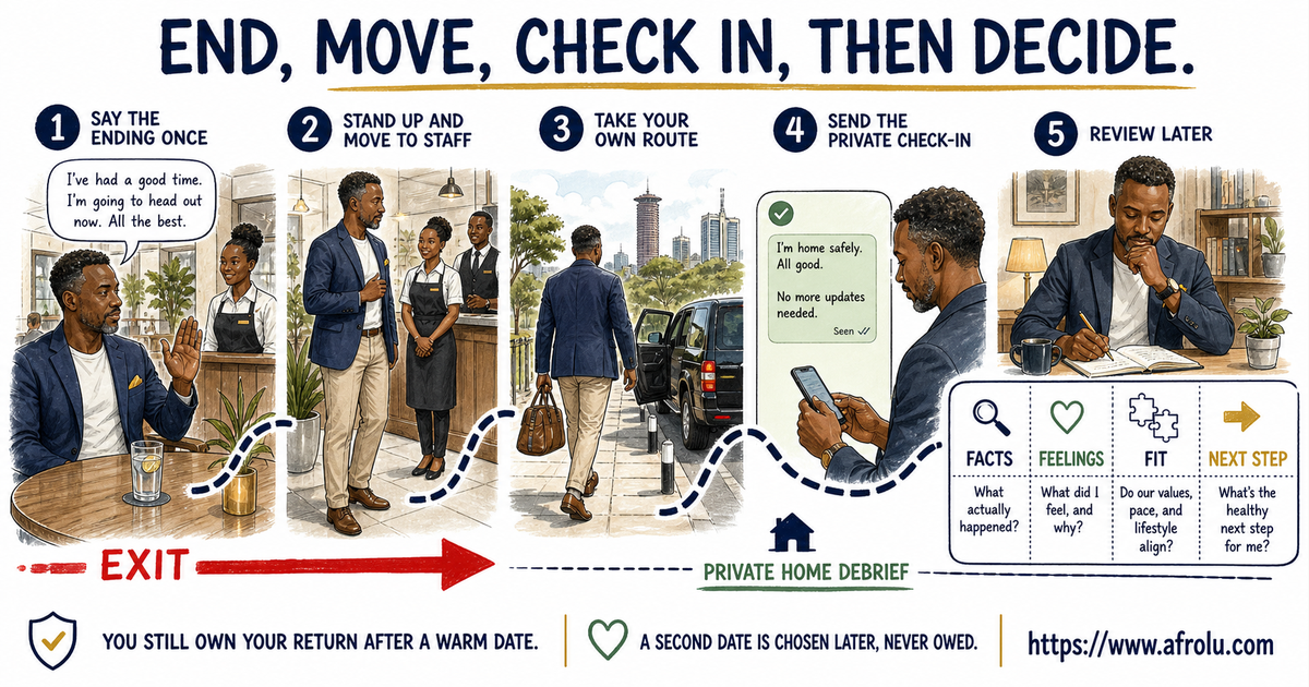 Five-step clean exit and home debrief for a 42-year-old adult leaving a low-pressure first date in Nairobi by independent transport