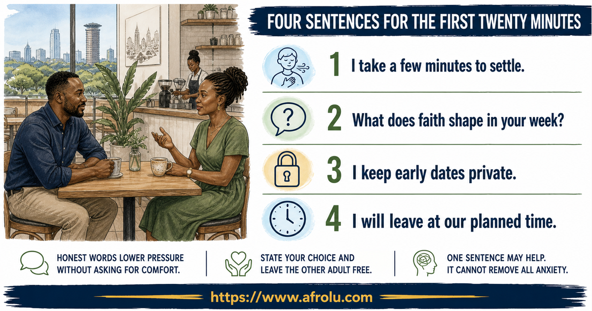 Short scripts for two adults aged 30 and older to name first-date nerves, faith expectations, community privacy, and the planned Nairobi end time