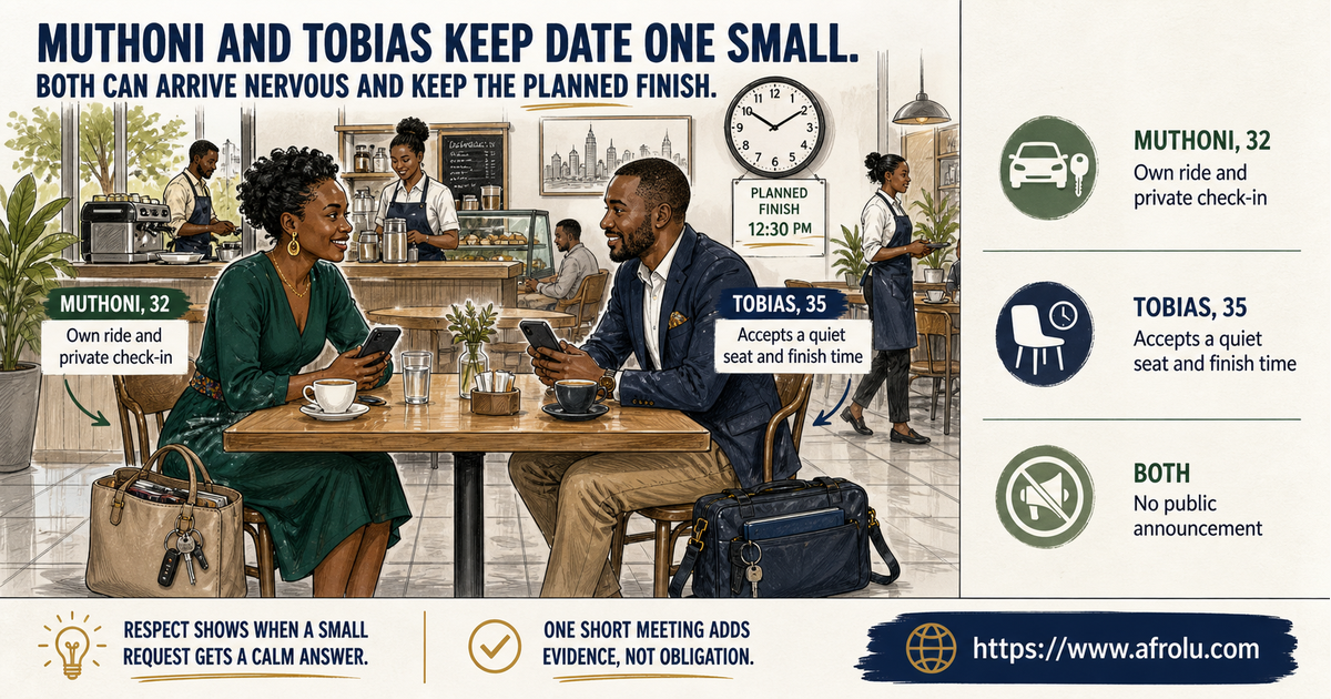 Adult daters Muthoni, 32, and Tobias, 35, using a staffed public Nairobi table, separate transport, a short date, and private community boundaries