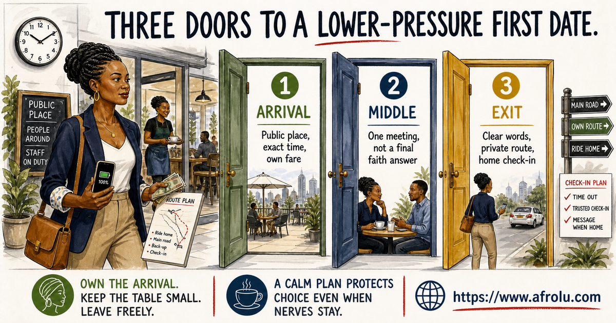 Three-door map for Nairobi daters aged 25 and older: own the arrival, keep the first date low pressure, and leave freely