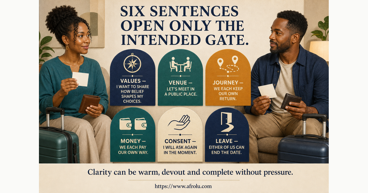 Six readable scripts for faith values, public venue, travel, money, consent and leaving a long-distance first date