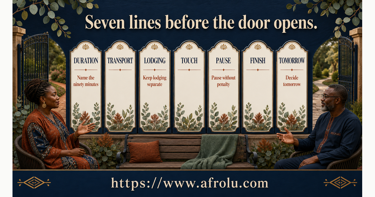 Seven large cards for duration transport lodging touch pause finish and follow-up before a long-distance first meeting