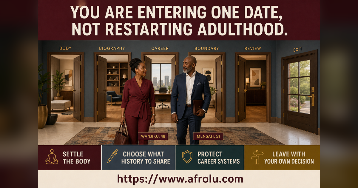 Wanjiku entering a five-room first-date re-entry foyer while Mensah waits at an equal doorway