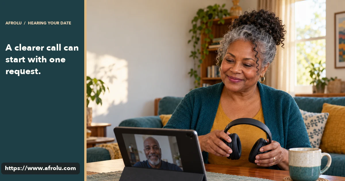 An older adult prepares a quiet video call with headphones and a tablet at home.