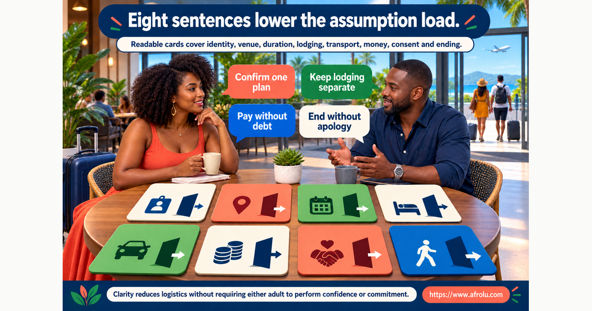 Eight large sentence cards for identity venue time lodging transport money consent and ending a long-distance first date