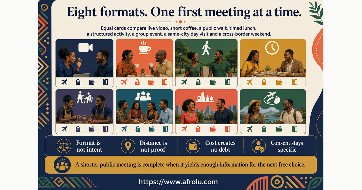Eight equal cards comparing long-distance first-date formats by travel conversation privacy cost and exit load