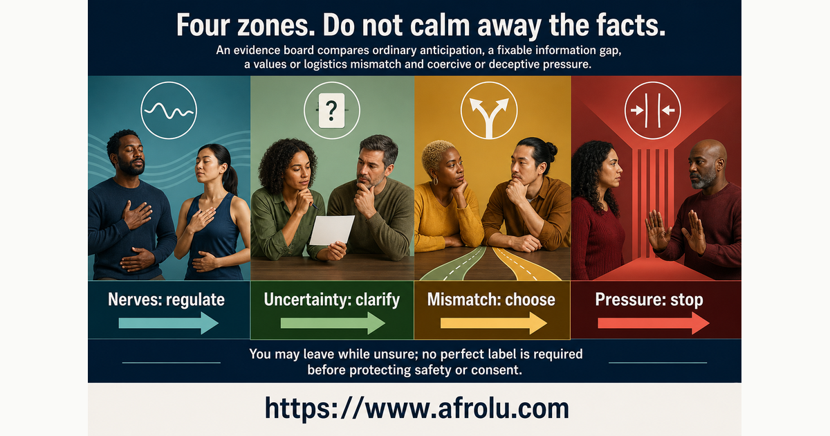 Four-zone board distinguishing ordinary first-date nerves missing information relationship mismatch and unsafe pressure before a long-distance meeting