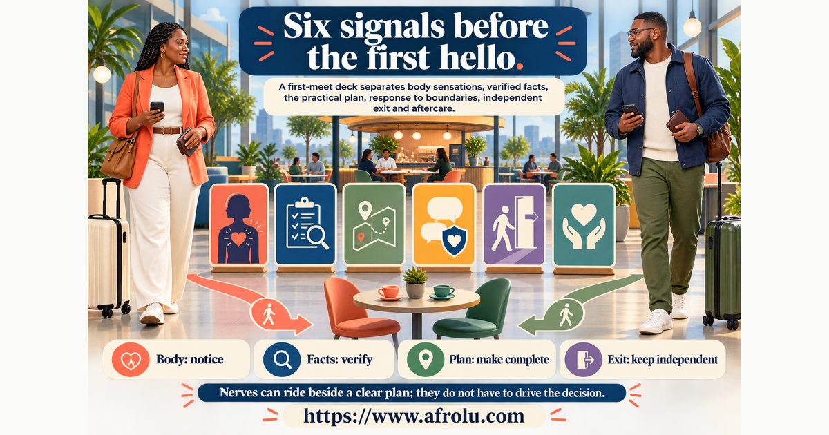 Fictional adults Kesi age 32 and Malik age 36 using six signal cards for body facts plan boundary response exit and aftercare before a long-distance first meeting
