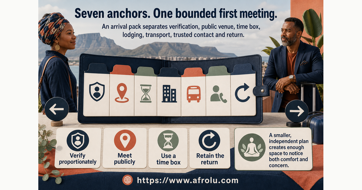 Seven-anchor arrival pack for verification public venue time box lodging transport trusted contact and return at a long-distance first meeting