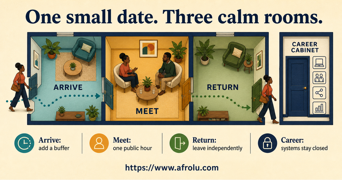 Zuri age 32 moving through arrive, meet and return rooms for a low-pressure first date during a career change