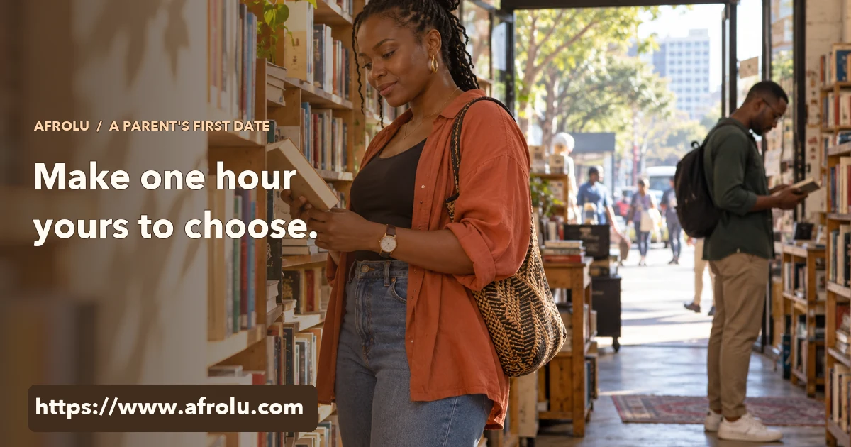 An adult parent chooses a book in an open Nairobi bookshop before a short first meeting, with another adult across the aisle.