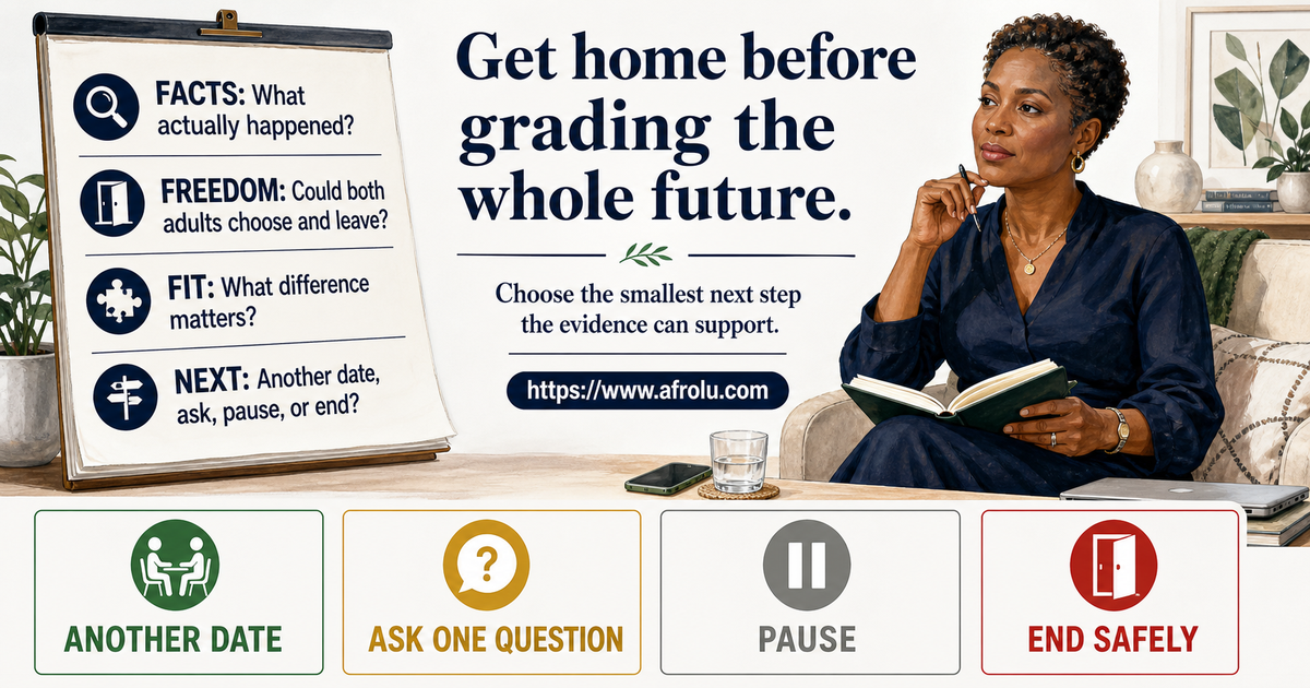 Adult professional completing a four-question home debrief before choosing another date, one clarifying question, a pause, or a safe ending