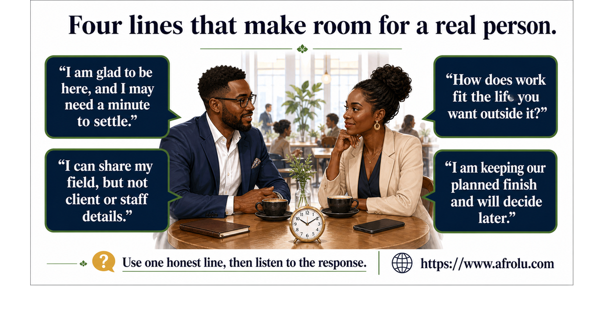 Four plain first-date scripts for adult professionals to name nerves, protect work privacy, discuss career direction, and keep the planned ending