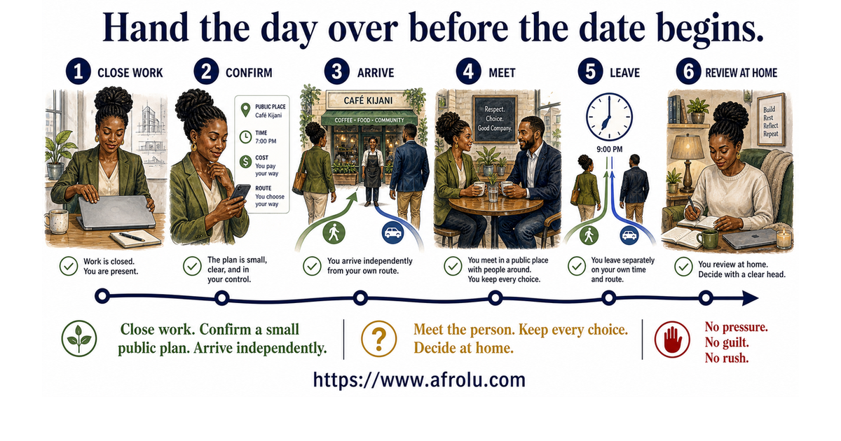 Six-step workday-to-first-date handoff for professionals aged 25 and older, from closing work to reviewing the date at home