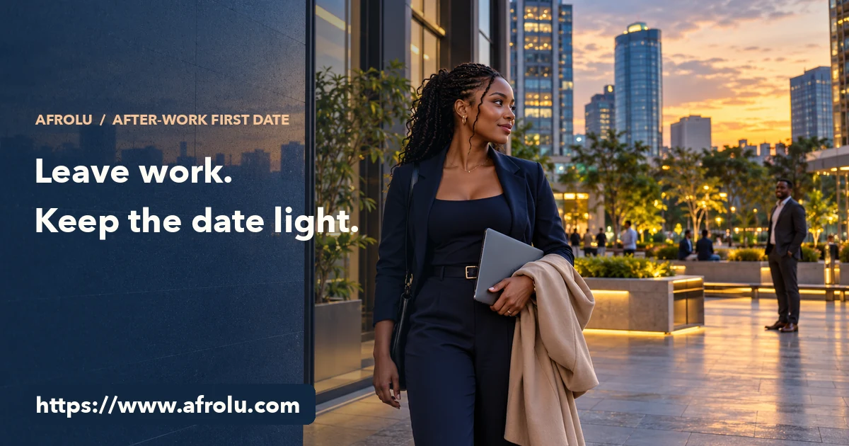A professional woman carries her tablet and coat through a Nairobi office plaza at sunset, with another adult waiting at a distance.