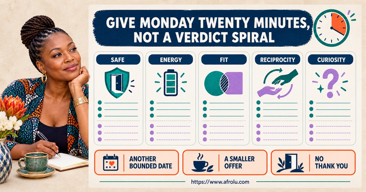 Twenty-minute Monday first-date review checking safety, energy, fit, reciprocity and curiosity