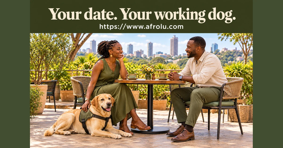 Two adults talk at an outdoor café with an assistance dog resting beside its handler.