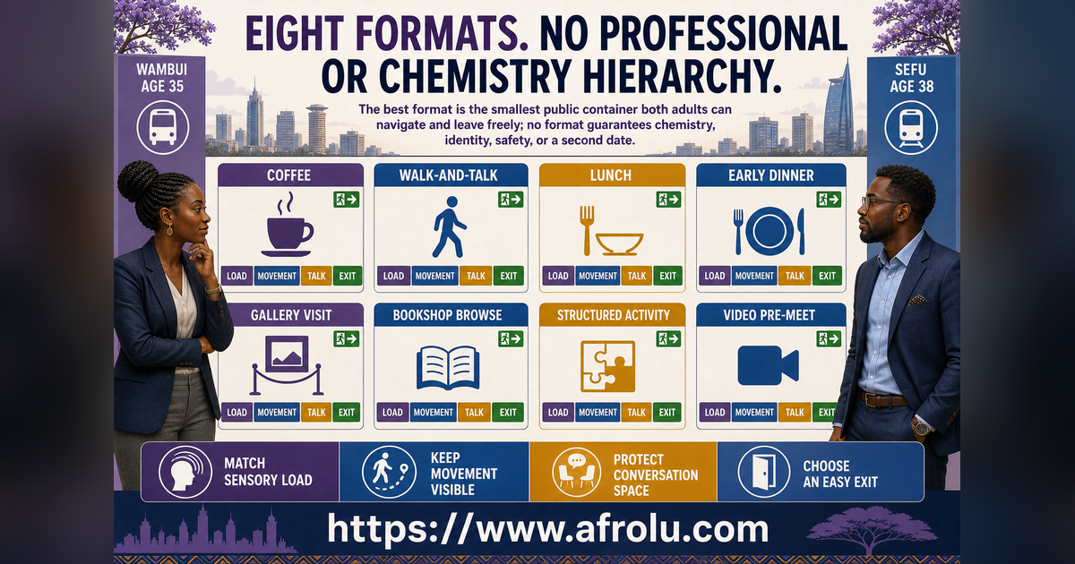 Eight equal cards comparing serious-intent first-date formats for Nairobi professionals