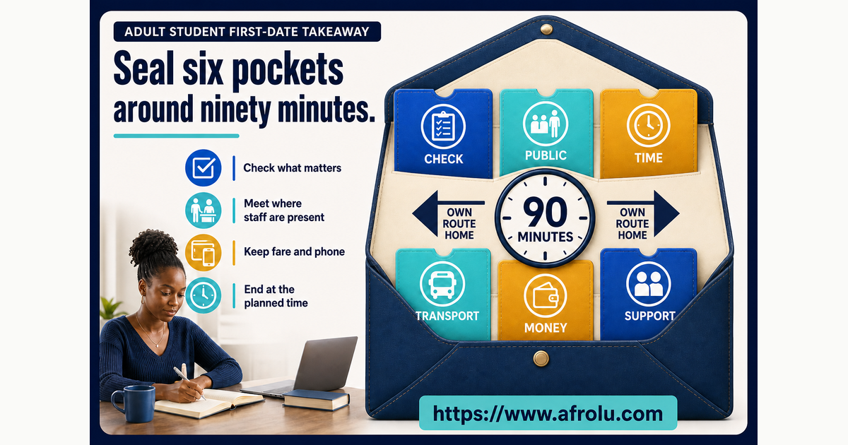 Six-pocket ninety-minute weekend first-date plan covering identity venue time transport money and support