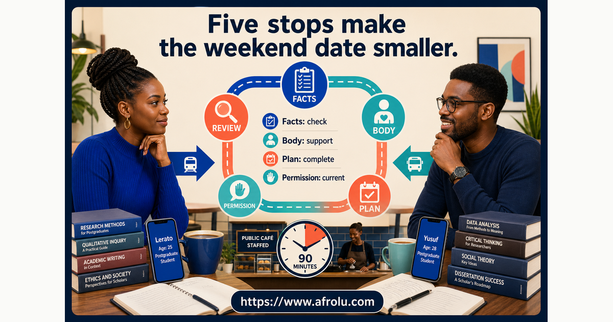 Fictional adult students Lerato age 25 and Yusuf age 28 using five stops for facts body plan permission and review before a weekend first date