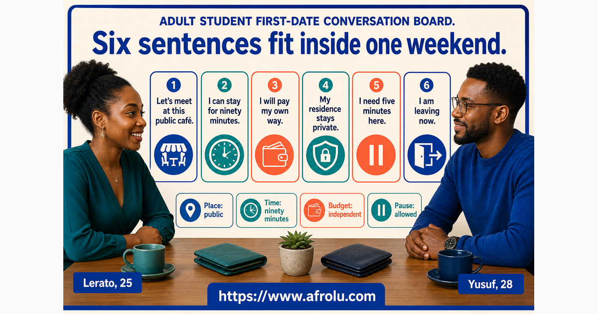 Six readable first-date scripts for adult students covering venue time budget boundaries pauses and endings