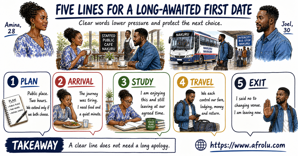 Five illustrated scripts help adult students Amina and Joel state the public plan, arrival strain, study deadline, independent travel and a firm exit.