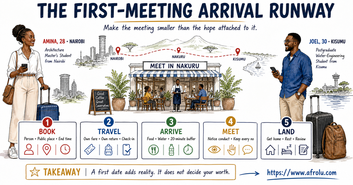 Amina, 28, and Joel, 30, use a five-checkpoint arrival runway for a serious long-distance first date: book, travel, arrive, meet and land.