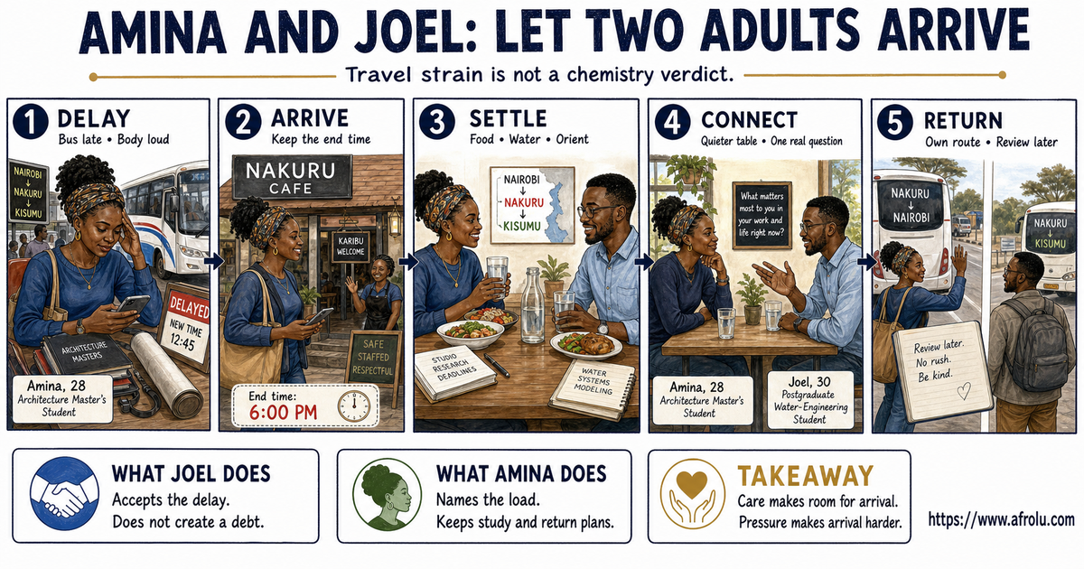 A five-panel story shows adult students Amina and Joel handling a delayed bus, food, a quieter table, an end time and independent returns before reviewing their date.