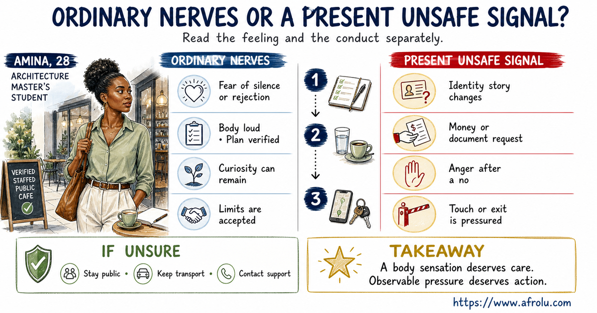A balanced illustration compares ordinary first-date nerves with observable unsafe signals such as identity changes, money requests, anger at no and exit pressure.