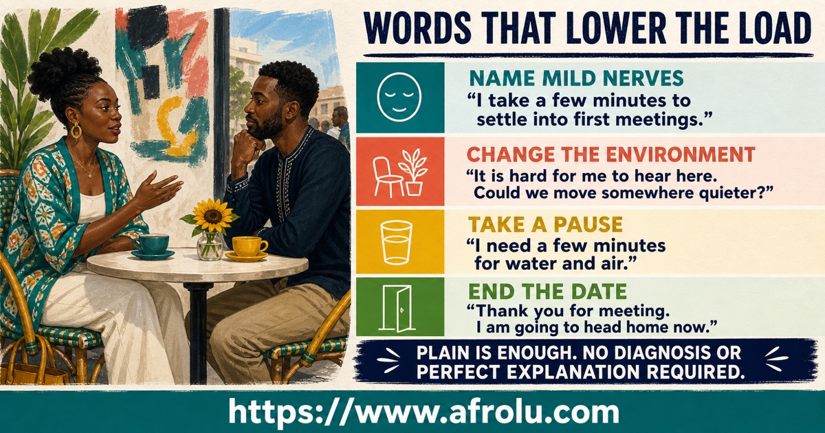 First-date scripts for saying you feel nervous, requesting a quieter table, taking a pause, and ending the meeting